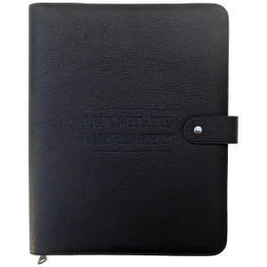 black zippered portfolio with embossed Penn State University and snap closure
